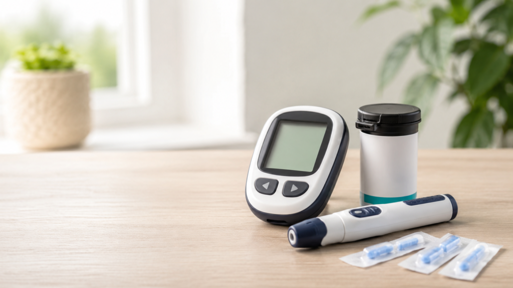 Unbranded glucose meter and strips with testing supplies on a clean tabletop