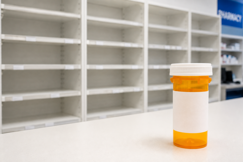 Empty pharmacy shelf with a single medication bottle, illustrating a drug shortage