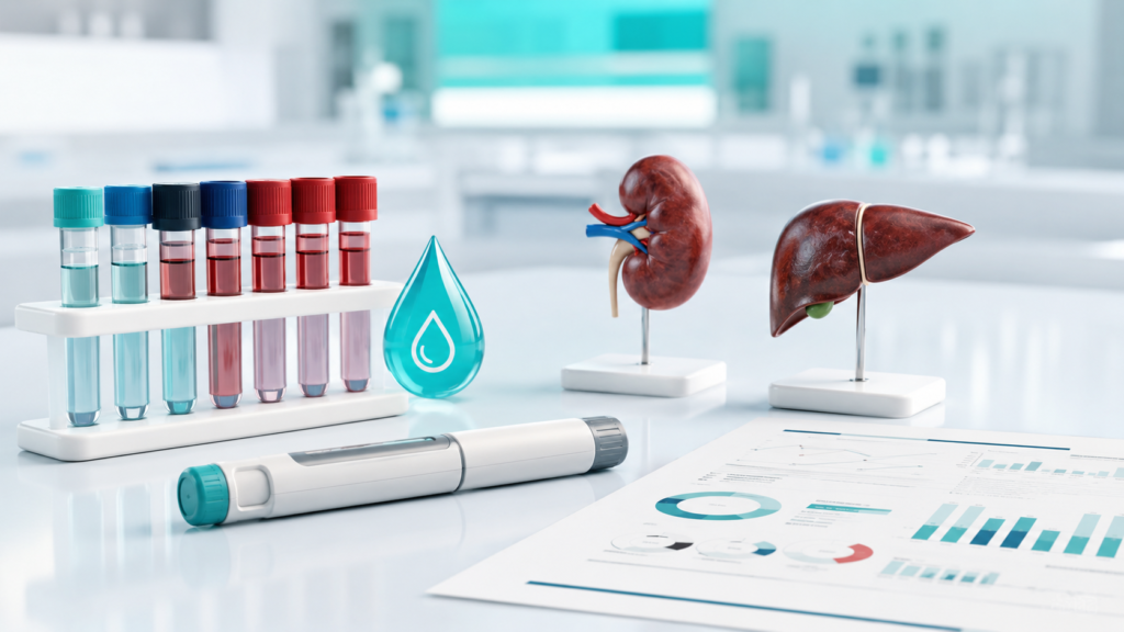 GLP-1 medication pen with laboratory tubes and kidney and liver models