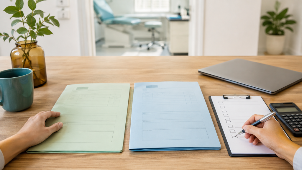 Hands comparing two self-pay testing options with a checklist