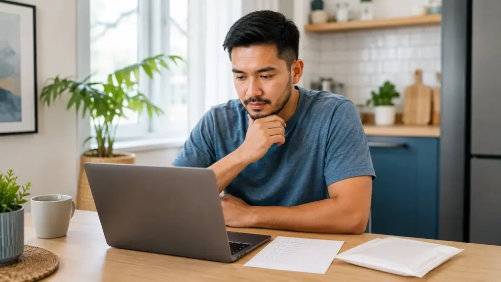 Adult comparing confidential self-pay STI testing options on a laptop